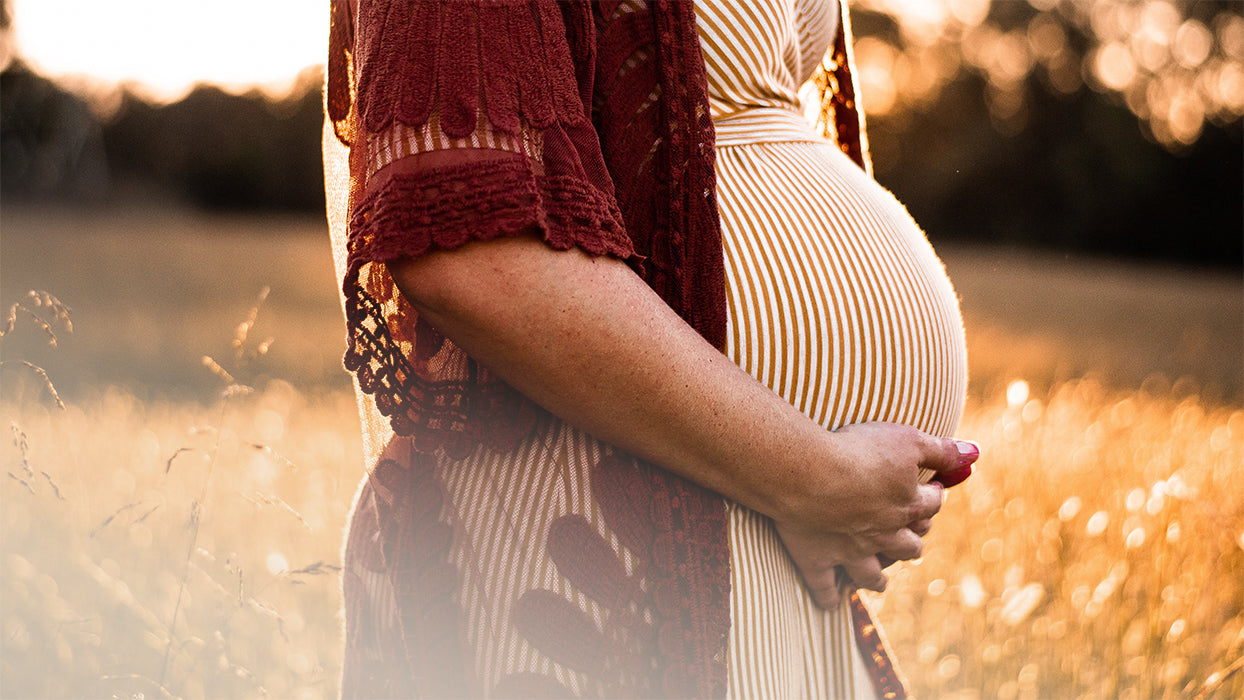 Schwangere Frau im Anschnitt grosser Bauch Wiese Abendsonne